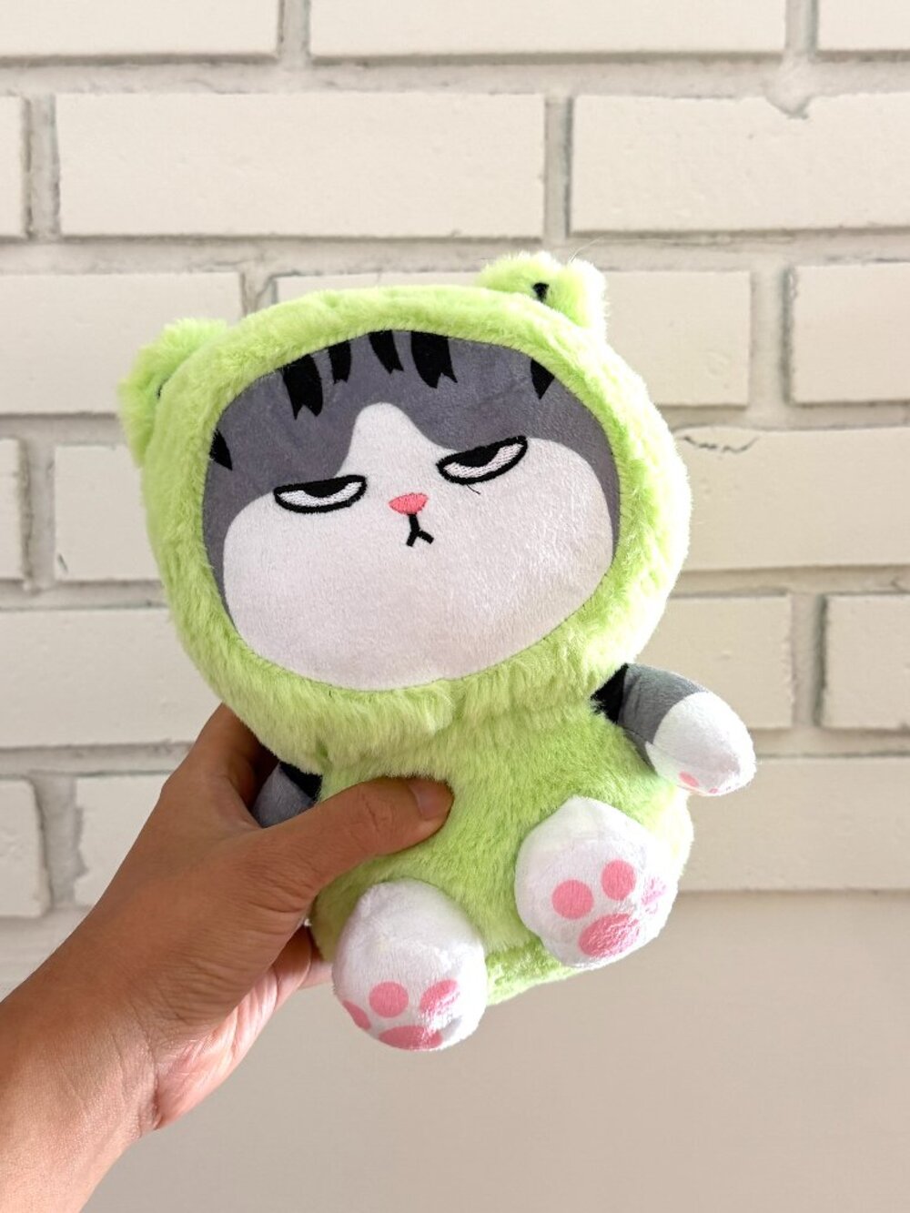 angry cat in frog costume plush toy